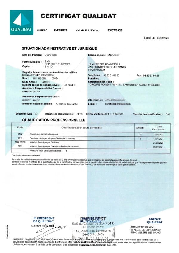 Enduiest - Certificat Qualibat 2025