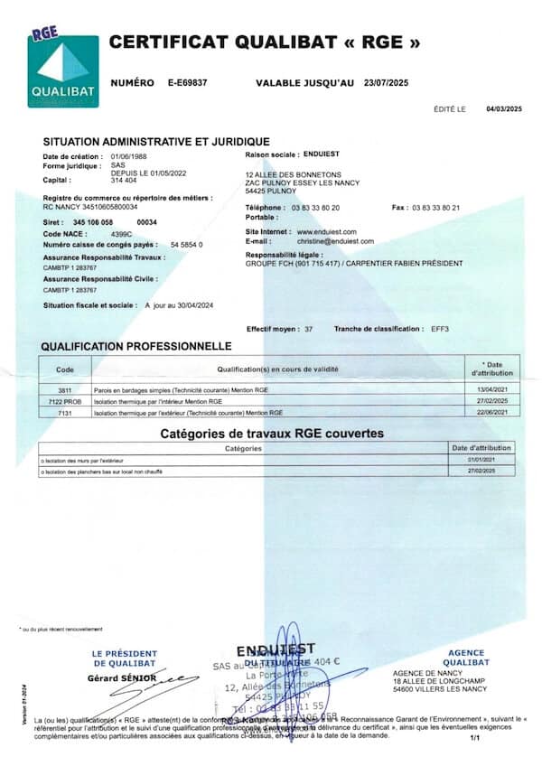 Enduiest - Certificat Qualibat RGE 2025