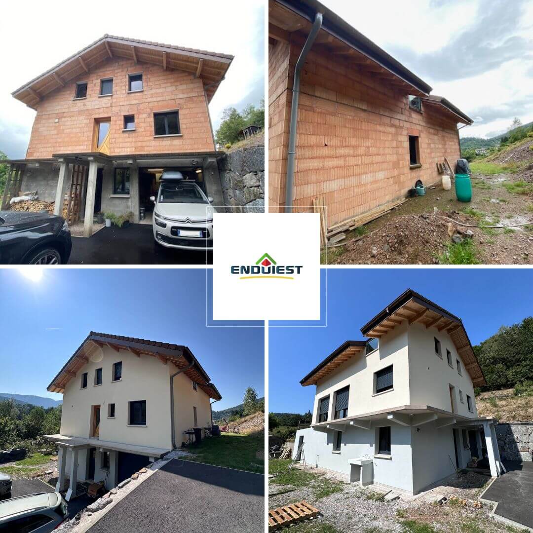 Enduit minéral projeté à la chaux d’une maison neuve en Lorraine